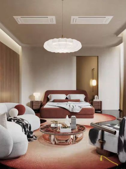 These two images present the same bedroom layout with two different color schemes, one in warm red and one in cool blue. This demonstrates how our visualizations can be used to explore and decide on color palettes.