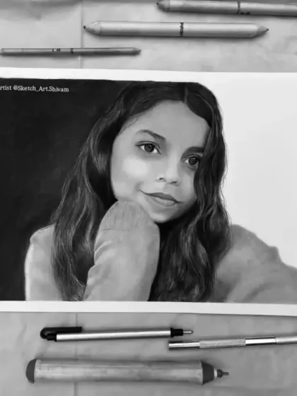 The Gurugram portrait presented as a flat lay, surrounded by my sketching tools.