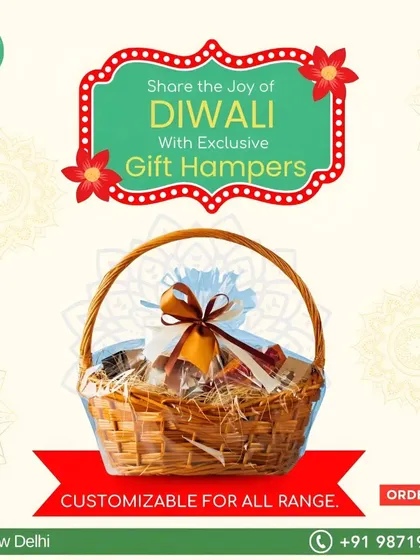 An elegant wicker basket hamper, customizable for all budgets, making for an exclusive Diwali gift filled with homemade joy.