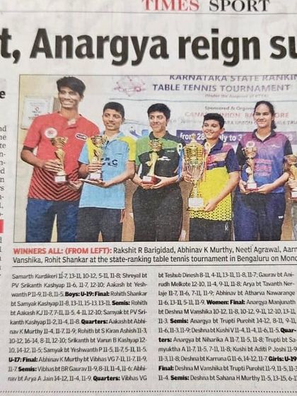 "Rakshit, Anargya reign supreme." This Times Sport article covers the 2nd Karnataka State Ranking Tournament, highlighting our player Anargya's win in the women's category.