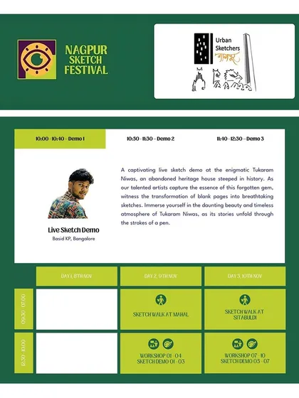 The schedule for the Nagpur Sketch Festival, featuring my live watercolor demo. It was an honor to be invited to teach alongside other talented artists.