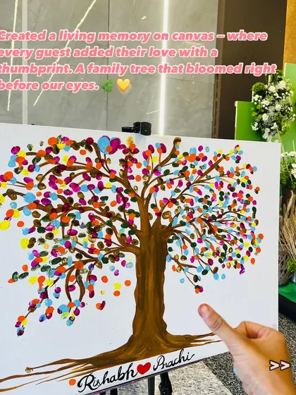 This is one of my favorite offerings for weddings and family gatherings: a thumbprint family tree. Each guest adds their thumbprint as a leaf, creating a beautiful, collective piece of art that symbolizes love and togetherness.