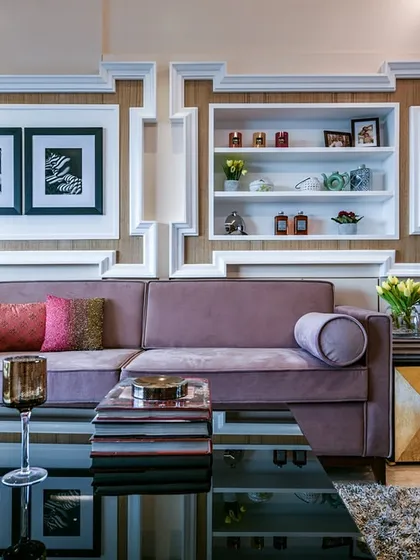Here, I blended Art Deco forms with modern elegance. This 3BHK in Mumbai features geometric patterns and luxurious details, creating a living room that is visually engaging, sophisticated, and full of personality.