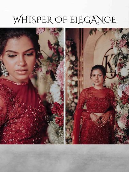 A diptych showing the bride in her red reception lehenga, titled "Whisper of Elegance."