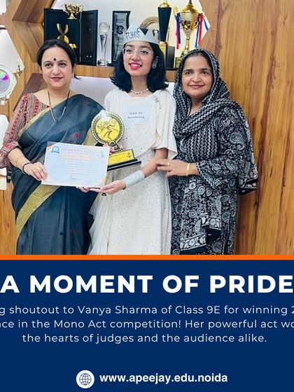 We are incredibly proud of Vanya Sharma of Class 9E for winning 2nd place in the Mono Act competition at the Cultural Fest. Her powerful act won the hearts of judges and the audience alike, showcasing her exceptional theatrical talent.