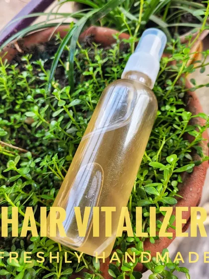 My Hair Vitalizer is a lightweight, non-greasy Ayurvedic spray that you can use every day. It's made with rosemary, thyme, and aloe vera extracts to strengthen hair follicles from the root and reduce hair fall.