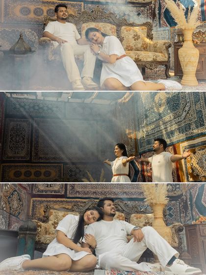 A collage from a dramatic and moody pre-wedding shoot. The set, filled with antique carpets and haze, creates a rich, cinematic atmosphere reminiscent of a classic film.