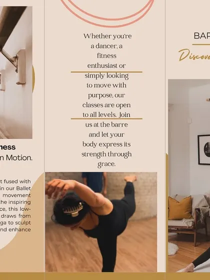 This brochure highlights our Barre Fitness classes, where we fuse ballet-inspired movements with modern fitness. It’s a low-impact, high-result workout designed to sculpt your body and improve posture, no dance experience needed.