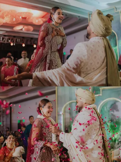 A collage of the varmala ceremony, filled with laughter and a shower of rose petals. These images perfectly capture the joy and celebratory spirit of the moment.