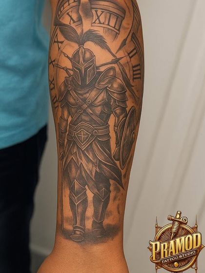 An ad featuring the Spartan warrior tattoo, demonstrating our skill in creating detailed and powerful historical and mythological sleeves.