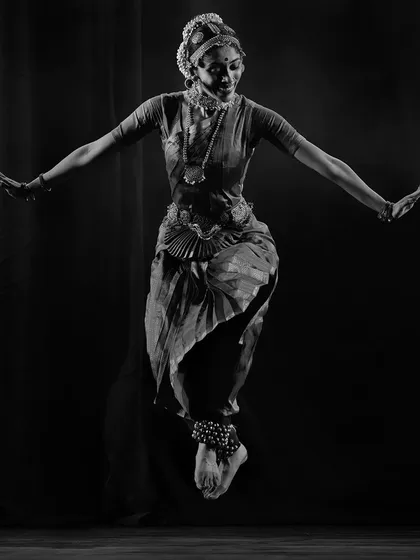 This moment of flight captures the pure bliss I feel when I dance. For me, choreography is about creating these moments of abandon, where the body, mind, and soul are one. This is a glimpse into the dynamic energy I bring to my Bharatanatyam productions.