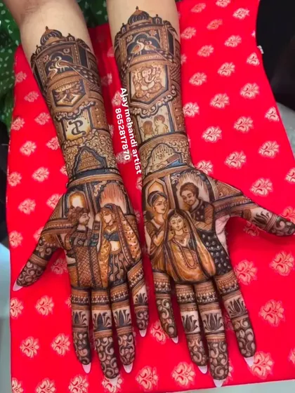 Family portraits are a beautiful way to honor your loved ones. This design includes the bride and groom with their parents, creating a cherished memory in henna.