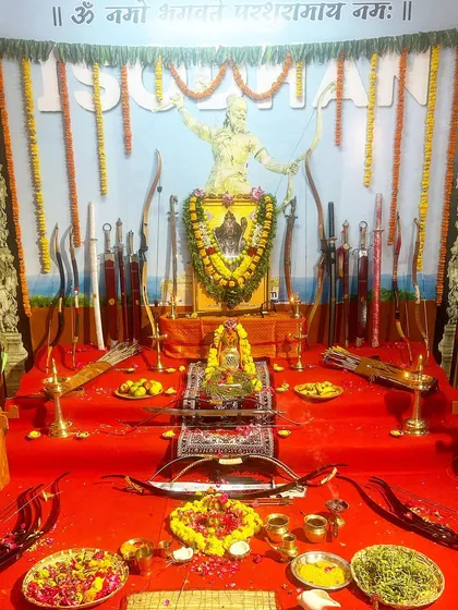 This is our altar during Ayudha Puja, a ceremony where we honor the tools of our art. Each bow, arrow, and sword is revered not as a weapon, but as an instrument for discipline, protection, and upholding dharma.