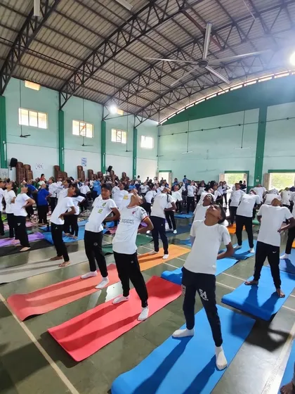 Students in Goa practicing a standing backbend, a great way to open up the chest and improve posture. The energy and enthusiasm were infectious.