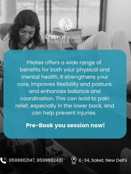 A repeat of the benefits graphic, reinforcing the message about how Pilates can improve physical and mental health.