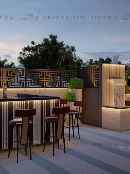 This render for a Punjabi Bagh project showcases a stylish bar with decorative screening, perfect for entertaining guests while enjoying the outdoor setting.