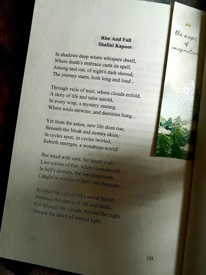 A close up of the poem 'Rise and Fall' inside our anthology. This piece delves into the mysteries of death and the hope of rebirth.