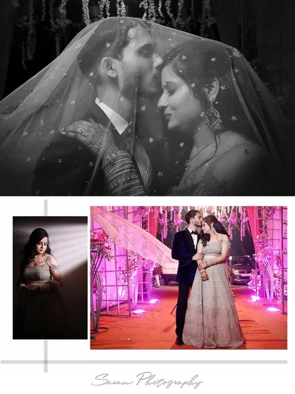 A creative collage featuring a romantic black and white shot under a veil, a solo bridal portrait, and a full-length couple shot.