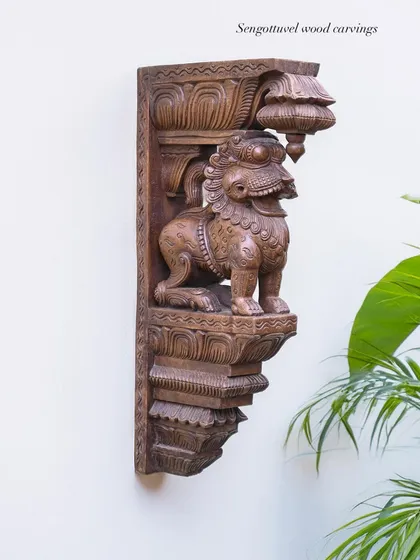 Our hand-carved Yaali brackets are a signature element of traditional South Indian architecture. This piece, with its fine details and polished finish, shows how we transform a simple architectural element into a work of art, perfect for adding a touch of heritage to modern spaces.