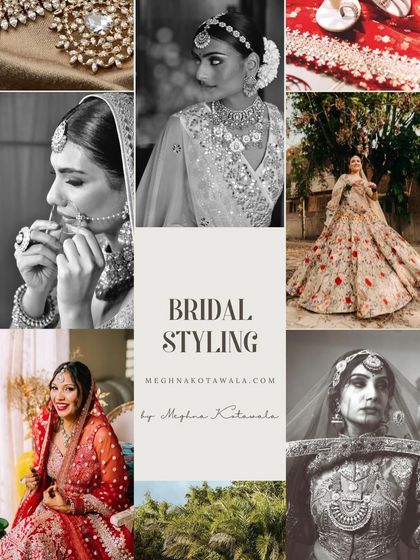 A collage showcasing the range of bridal looks we create. From traditional red lehengas to modern floral ensembles and vintage-inspired styles, we tailor each look to the bride's unique story.
