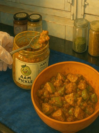 A beautiful Ghibli-style illustration of our Aam Pickle being prepared, capturing the warmth and care that goes into each jar.