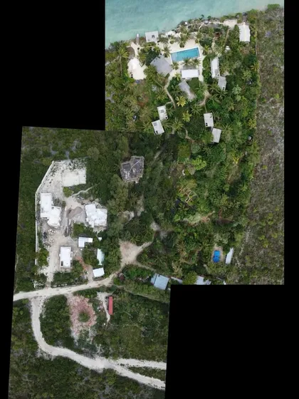A drone's eye view of the Kizikula site, showing the completed phase one and the new phase two under construction. This perspective reveals how the resort is carefully placed within the existing vegetation, preserving as much of the natural landscape as possible.