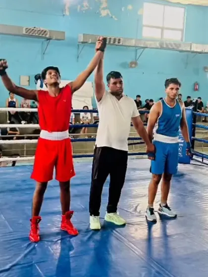 Victory at the Gautam Buddh Nagar District Boxing Championship. A proud moment as our fighter's hand is raised, a direct result of disciplined training and expert coaching in the sweet science.