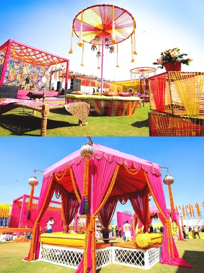 A look at the playful and colorful seating arrangements, including a 'charpai' (traditional woven bed) and a thread-work umbrella, all part of a vibrant, rustic-chic Mehendi theme.