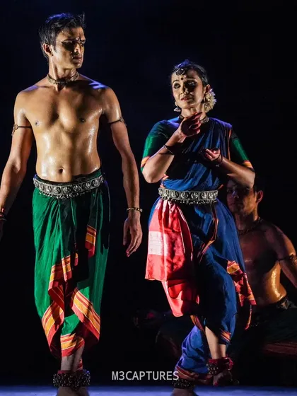 A performance still from 'Nagamandala' with my fellow artists. The chemistry and interaction between performers are central to my group choreography, bringing the characters and their relationships to life.