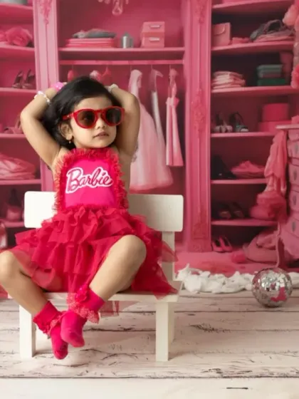 It's a Barbie world, and this little one owns it. My Barbie-themed shoots are all about capturing that fun, confident personality with a vibrant pink set and stylish props like these heart-shaped sunglasses.