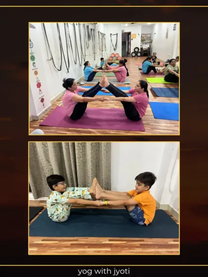 Partner yoga is for all ages. Here, you can see both adults and children practicing the double boat pose, demonstrating that teamwork and fun have no age limit.