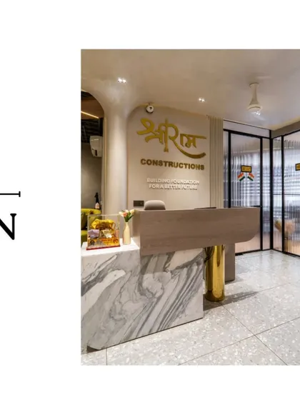 This image collage shows the journey from concept to creation for the Shri Ram Constructions office. It highlights the reception area, which features a marble and wood desk with a brass-finished base.