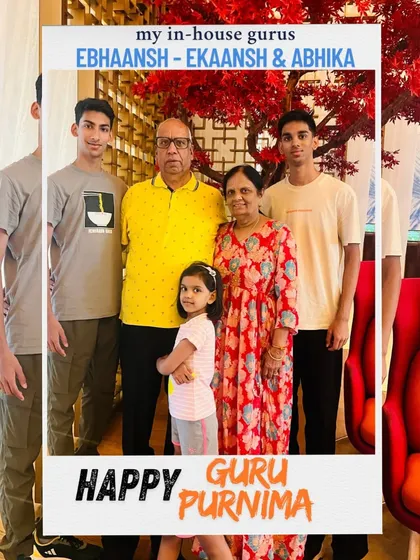 My children are my greatest teachers, my in-house gurus. This Guru Purnima, I honor them for teaching me how to unlearn ego, love without conditions, and listen with an open heart. This picture with my family, including my parents and my three children, represents the core of my belief that we are here to learn from our children.