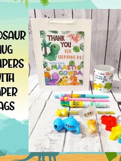 For a truly roaring good time, I created this complete Dinosaur-themed hamper. It includes a personalized mug and a full set of dino stationery, all presented in a custom "Stomping By" gift bag. It shows how I can build a whole world around your chosen theme.