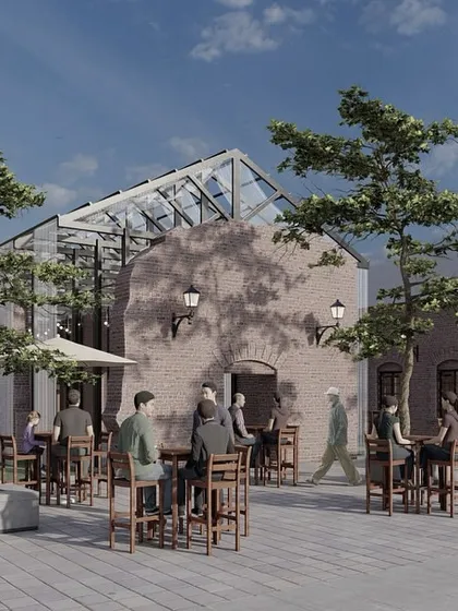 We reimagined the exterior of the Reshamkhana (Solina Silk Factory) as a lively public courtyard. This rendering shows how the preserved industrial heritage buildings now frame a new space for community interaction, outdoor cafes, and cultural events.
