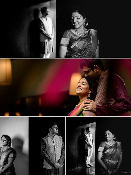 A collage of artistic black and white and color portraits of a couple. We used dramatic lighting to create a moody, cinematic feel.