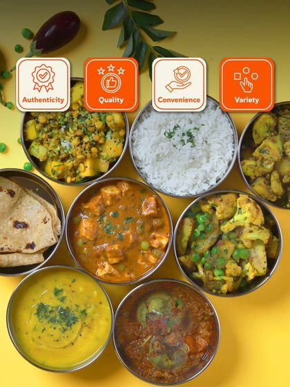 A beautiful display of the variety we offer. From paneer and dal to different vegetable preparations, there's something for everyone in our tiffins.