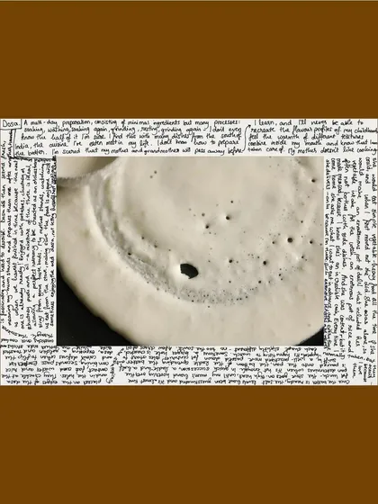 An artwork from the "Inheritance" exhibition, combining photography and handwritten text to explore personal history and the memory of food.