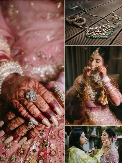 A collage of bridal details, focusing on her henna-covered hands, stunning ring, jewelry, and the final touches of her makeup.