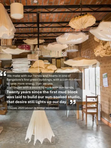 A quote from our client Oorjasi about the artisanal paper-making studio we designed for them in 2000. The building was one of Bangalore's first green buildings, designed to be sun-soaked and energy-efficient.