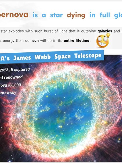 What is a supernova? It's a star dying in full glory, exploding with a burst of light that can outshine entire galaxies. This image from NASA's James Webb Space Telescope shows a famous supernova 168,000 light-years away.