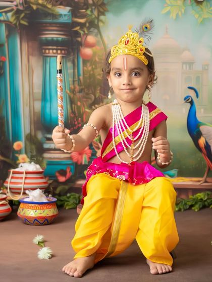 The playful innocence of a child dressed as Lord Krishna, captured in various poses from joyful laughter to thoughtful gazes.