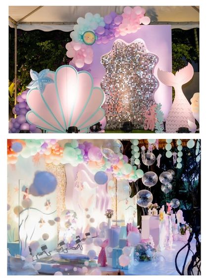 A two-part image showing our stunning mermaid backdrops, one with a giant light-up seashell and the other with a dreamy, ethereal underwater scene.