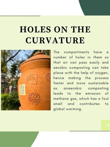The small holes along the curvature of each pot are essential for proper aeration. They allow oxygen to flow through the compost, facilitating a faster, aerobic decomposition process and preventing the foul smells associated with anaerobic breakdown.