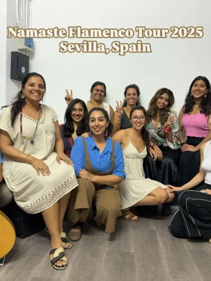 Here is our wonderful group during the 'Namaste Flamenco Tour' in Sevilla, Spain. We were in a Cante Masterclass, learning singing and musicality from world-renowned artists. This is the kind of deep immersion I love to offer my students, connecting them with the heart of Flamenco right in its birthplace.