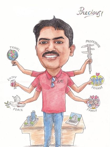 A close-up of the 'multitasking' man caricature, showcasing the detailed watercolor work.