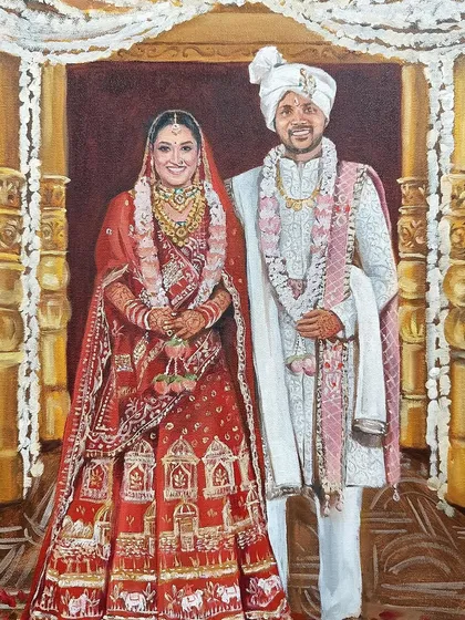 Detail from a live wedding painting in Raipur. I love capturing the intricate details of the bride's red lehenga and the groom's sherwani.