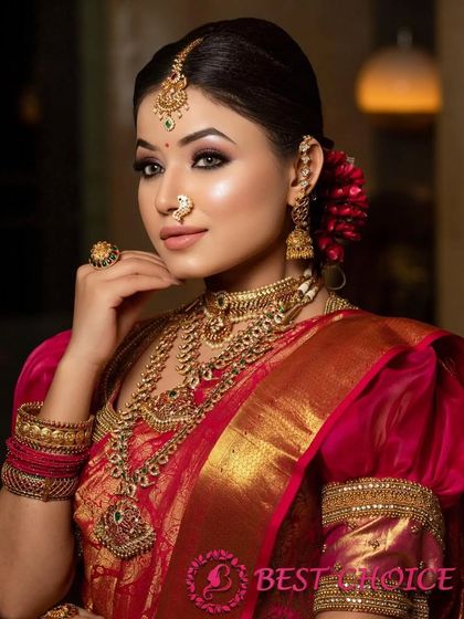 A close-up portrait of the bride, highlighting the detailed choker, nose ring, and jhumkas.