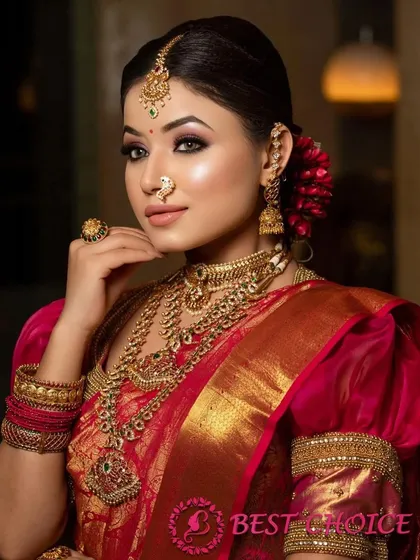 A close-up of the model, highlighting the details of the choker, nose ring, and maang tikka.
