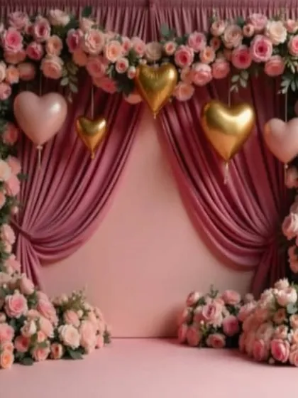 I can create a dreamy, romantic atmosphere with lush floral arches. This design uses shades of pink roses and hanging heart balloons to frame the stage, perfect for an engagement or anniversary celebration.